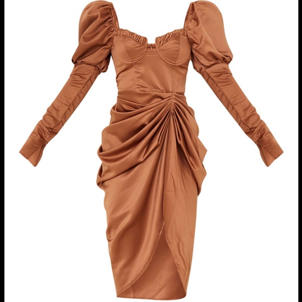 PLT Satin Ruched Cup Puff Sleeve Draped Midi Dress